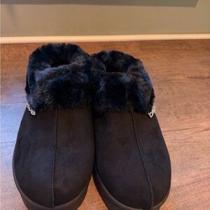 bebe Black Faux Fur Slide Slippers